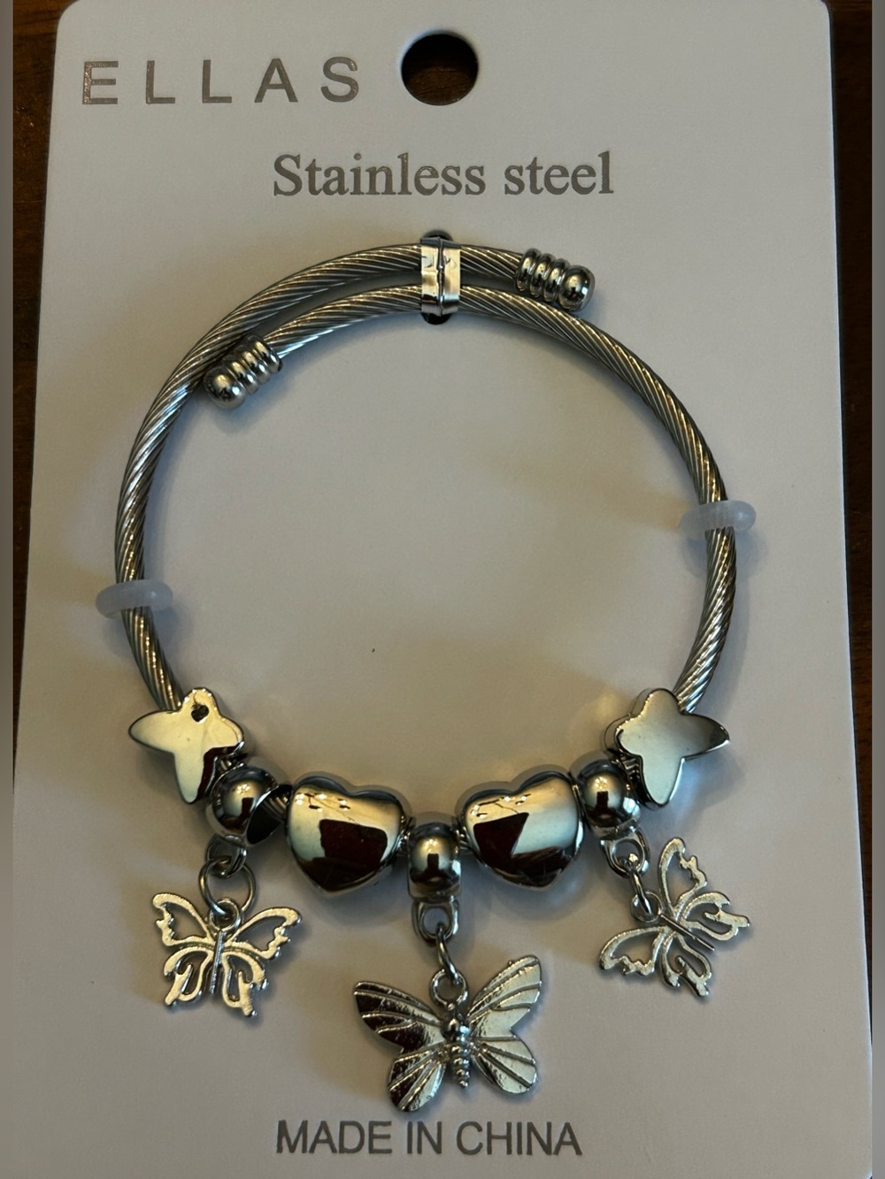 Ellas Stainless Steel Silver Adjustable Butterfly & Heart Charm Bangle New